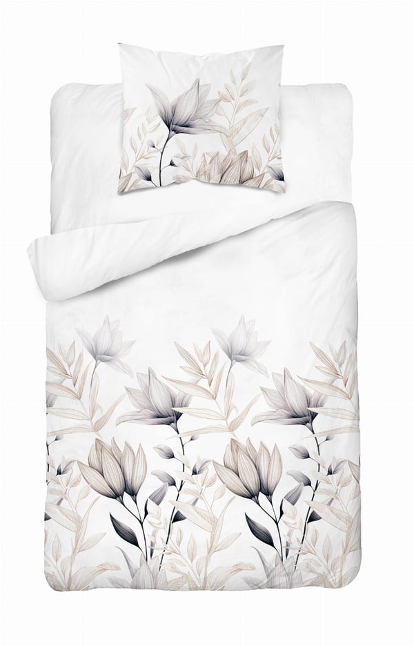 Satin sengetøj 140x200 lyse blomster med beige