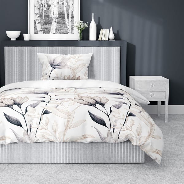 Satin sengetøj 140x200 lyse blomster med beige
