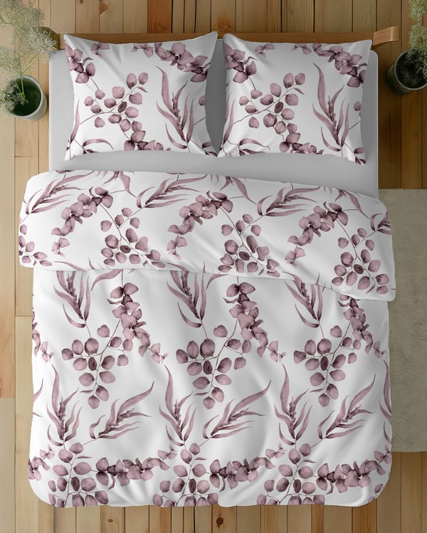 Puuvilla-vuodevaatteet 160x200 kukat lehdet vaaleanpunainen heather