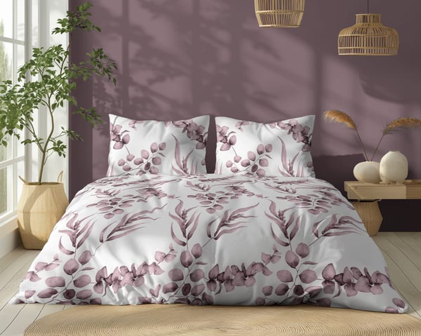 Puuvilla-vuodevaatteet 160x200 kukat lehdet vaaleanpunainen heather