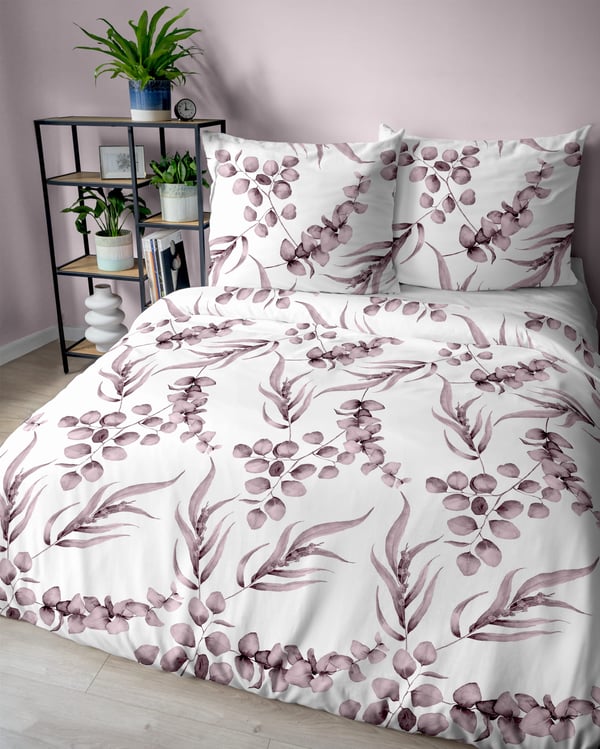 Puuvilla-vuodevaatteet 160x200 kukat lehdet vaaleanpunainen heather