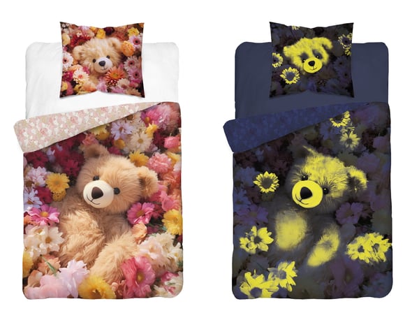 Sengetøj, der lyser i mørket, 140x200, bamse i blomster