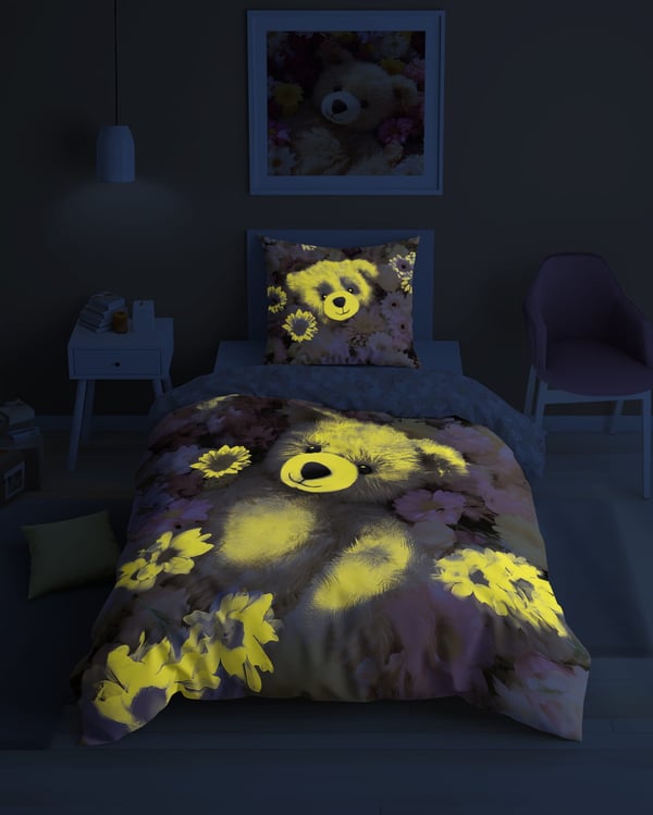 Sengetøj, der lyser i mørket, 140x200, bamse i blomster