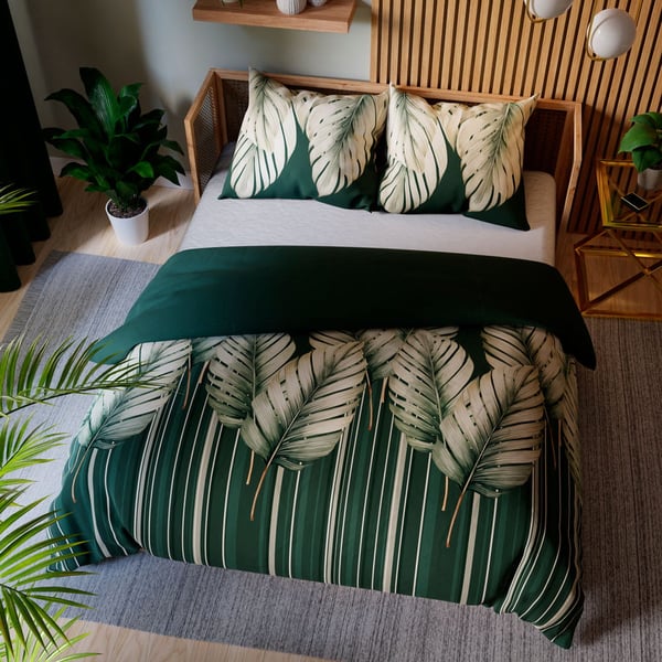 Sängynpäällyset 160x200 puuvillasatiini Tropicana vihreät lehdet