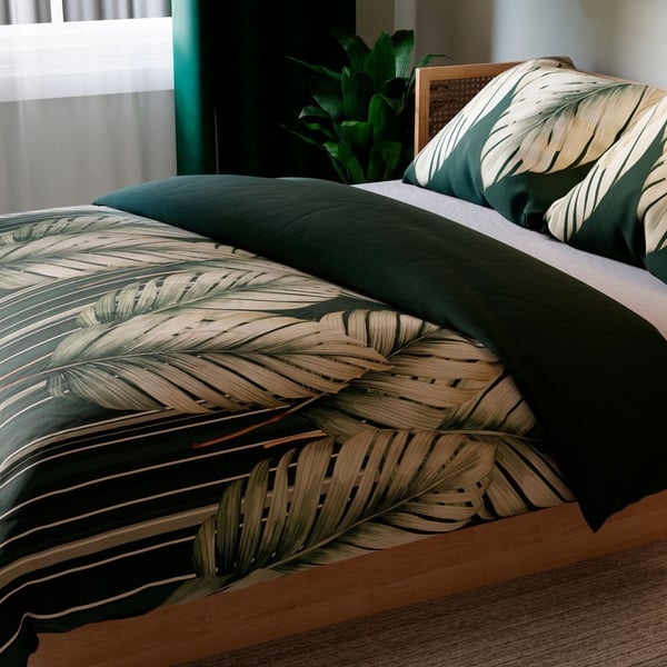 Sängynpäällyset 160x200 puuvillasatiini Tropicana vihreät lehdet