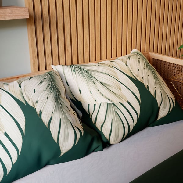 Sängynpäällyset 160x200 puuvillasatiini Tropicana vihreät lehdet