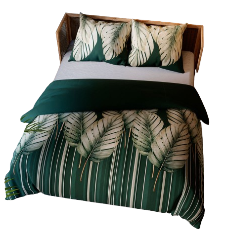 Sängynpäällyset 160x200 puuvillasatiini Tropicana vihreät lehdet