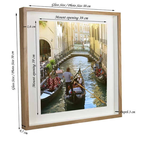 3D fotoramme, dyb æske, rumlig, 50x50 cm, firkantet, egetræ