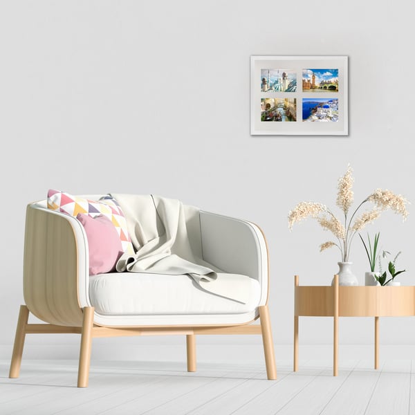 Sarja: 2 valkoista yksinkertaista kehystä 28x35 4 kuvalle 10x15 cm passepartout-ikkunalla