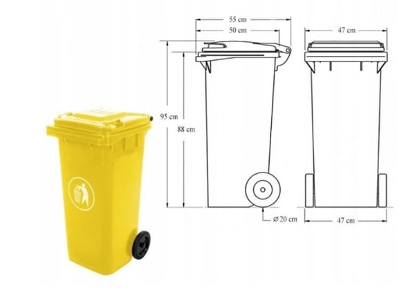 Gul plastikspand på hjul 120 l