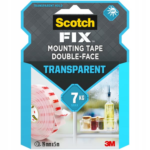 Dobbeltklæbende transparent monteringstape 19 mm x 1,5 m