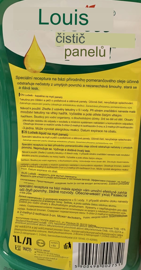 Rengøringsvæske til paneler Ludwik uden striber 1 liter
