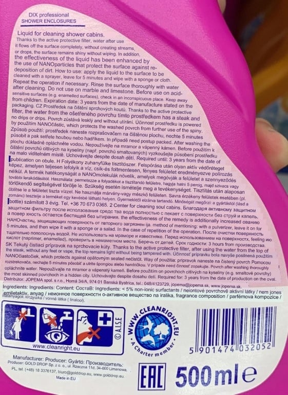 Suihkukaappien puhdistusneste Dix 500ml