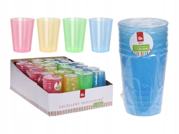 Set med 6 färgade plastmuggar