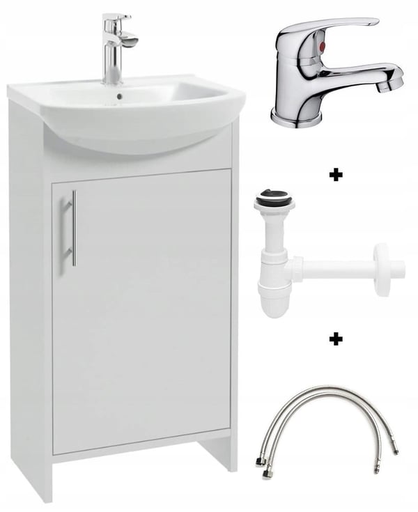 Set med vita skåp med handfat, kromblandare och sifon 45 cm Frigo