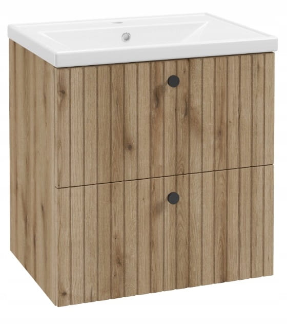 Badrumsskåp med handfat 60 cm, evoke ek, räfflad, Rietti-lameller
