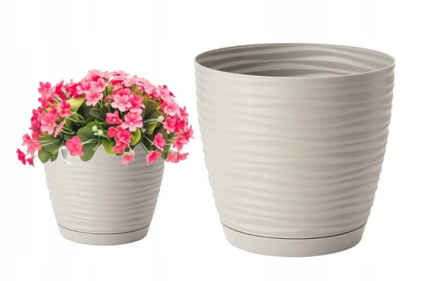 Blomkruka med fat, rund, ljusgrå, 12,7x11,8 cm, plast
