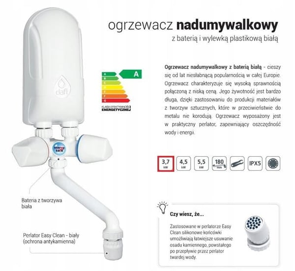 4,5 kW gennemstrømningsvandvarmer til installation over vasken med hvid hane