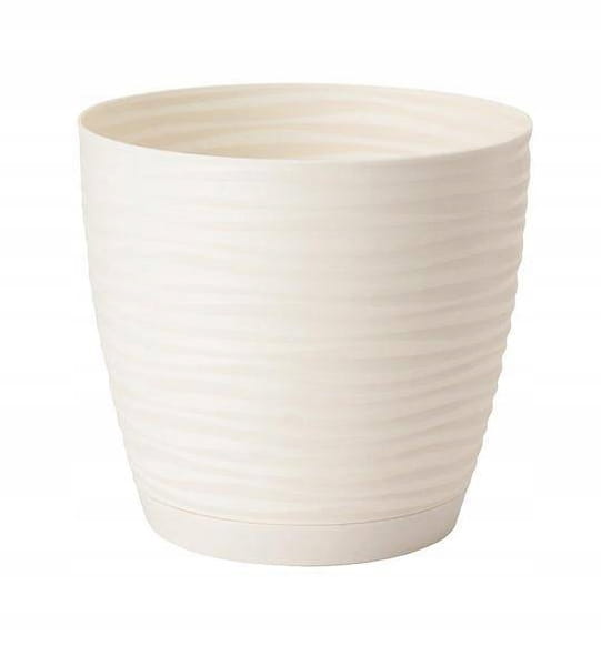 Cremefarvet plastik urtepotte med underkop 12,7x11,8 cm