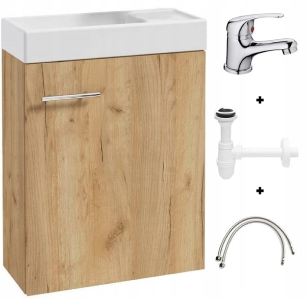 Badeværelsesskab med 50x70 cm håndvask med armatur og vandlås, håndlavet eg, lille