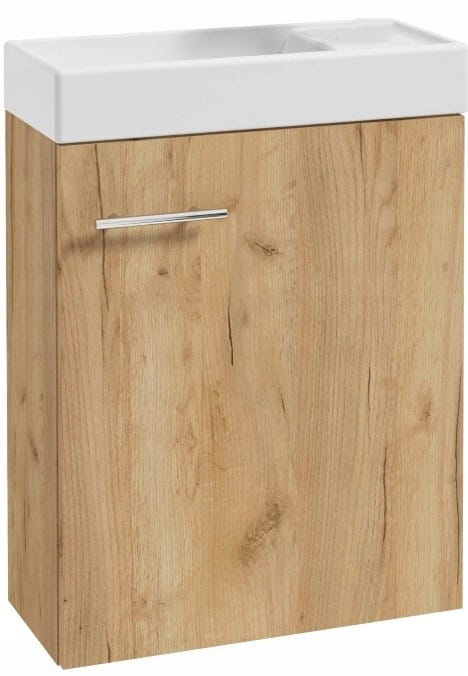 Badeværelsesskab med 50x70 cm håndvask med armatur og vandlås, håndlavet eg, lille