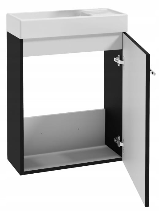 Badeværelsesskab med 50x70 cm håndvask med armatur og vandlås, sort, lille