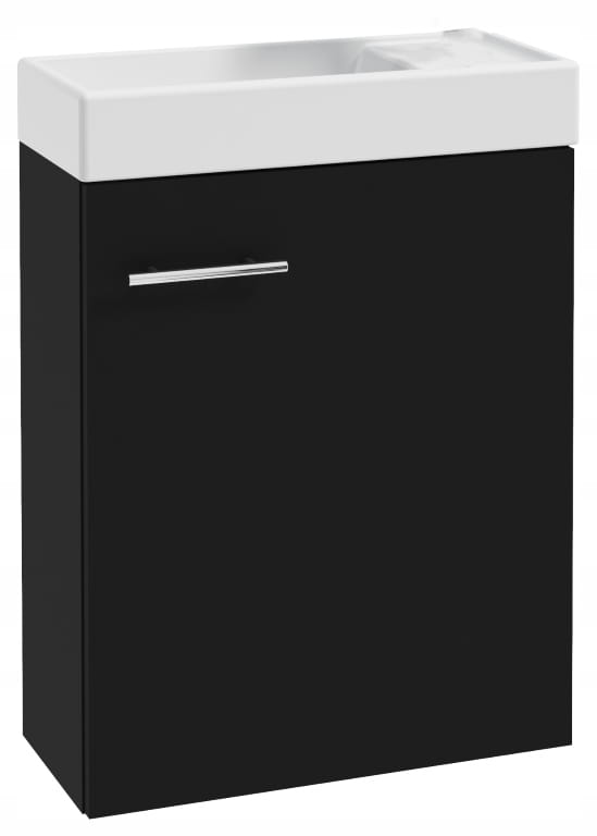 Badeværelsesskab med 50x70 cm håndvask med armatur og vandlås, sort, lille
