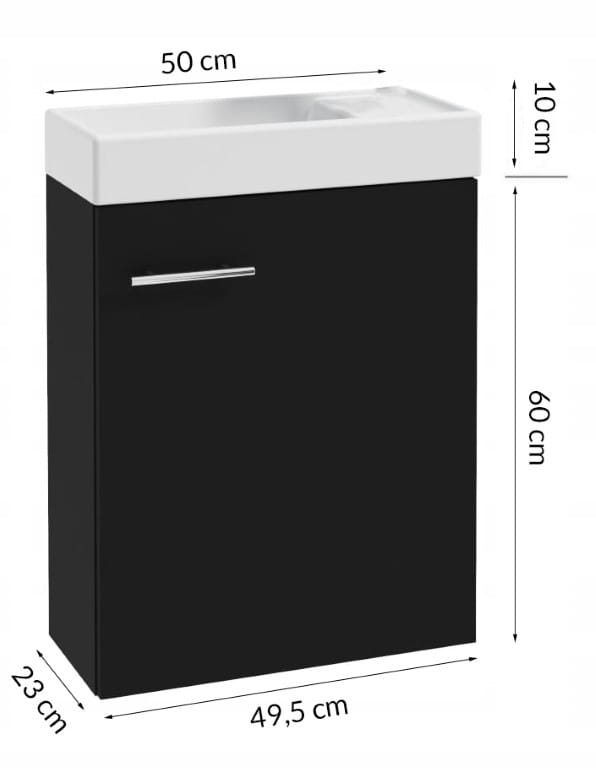 Badeværelsesskab med 50x70 cm håndvask med armatur og vandlås, sort, lille