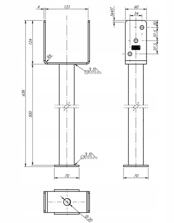 Stolpsockel, galvaniserat ankare, 121x628x124mm