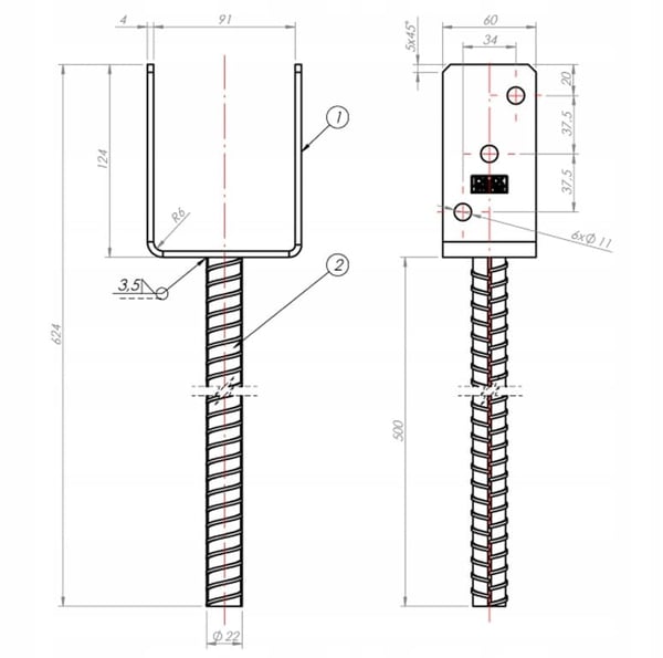 Stolpebase, galvaniseret anker, 91x624x124mm