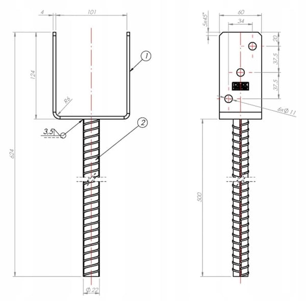 Stolpebase, galvaniseret anker, 101x624x124mm