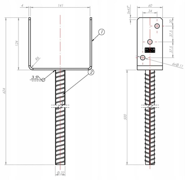 Stolpebase, galvaniseret anker, 141x624x12mm