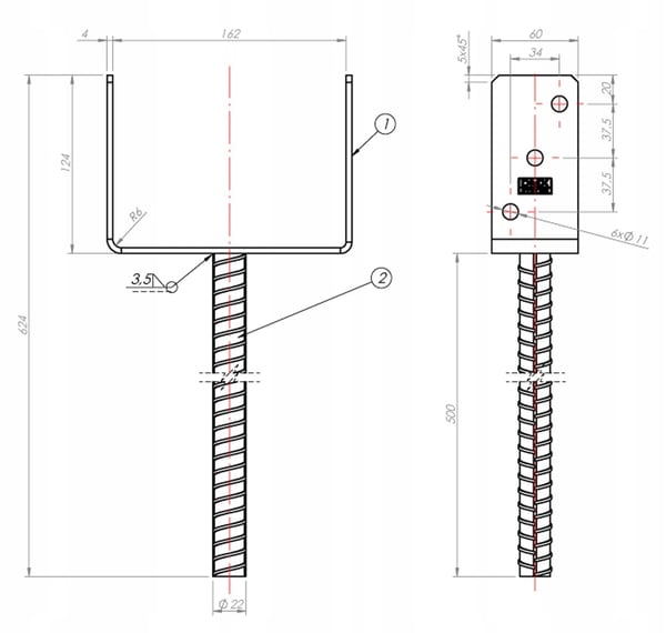Stolpebase, galvaniseret anker, 161x624x12mm