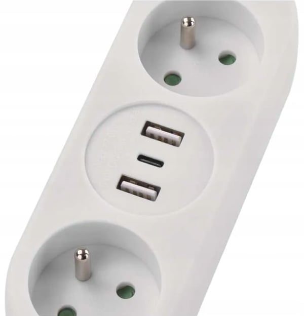 Hvid forlængerskinne 2 stikkontakter + 2xUSB A + USB C 2m