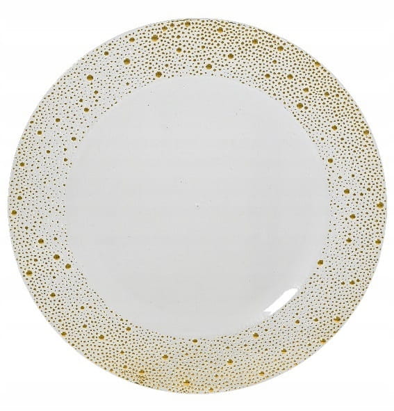 Valkoinen muovinen aluslautanen, jossa hopeanvärinen täplikäs reunus, 33 cm