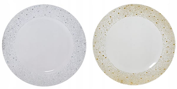 Valkoinen muovinen aluslautanen, jossa hopeanvärinen täplikäs reunus, 33 cm