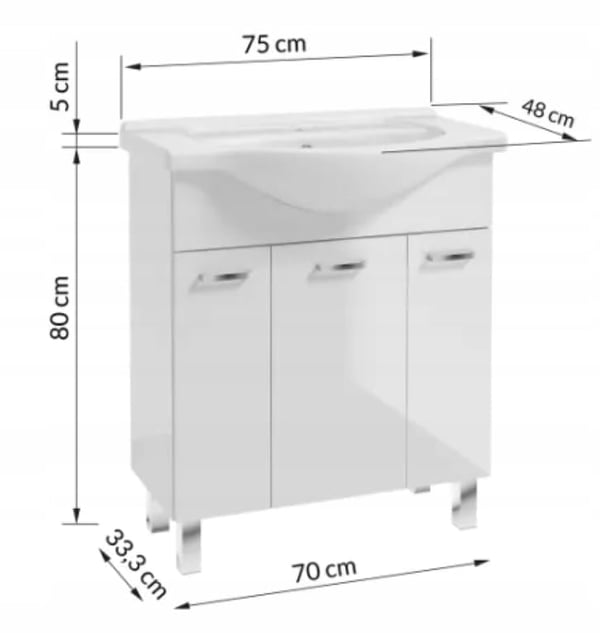 Kylpyhuonekaappi jalallisilla pesualtailla 84x75, seisova valkoinen Mea, pitkänomainen kromihana