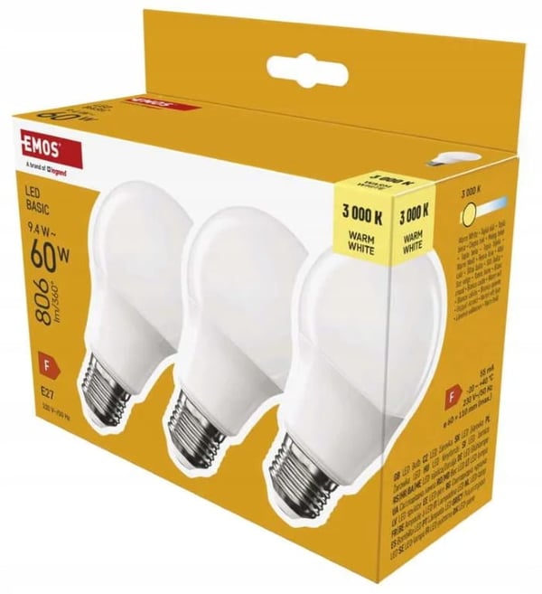 Set med 3 energisparande LED-lampor E27, varmvita, 9,4 W, 806 lm
