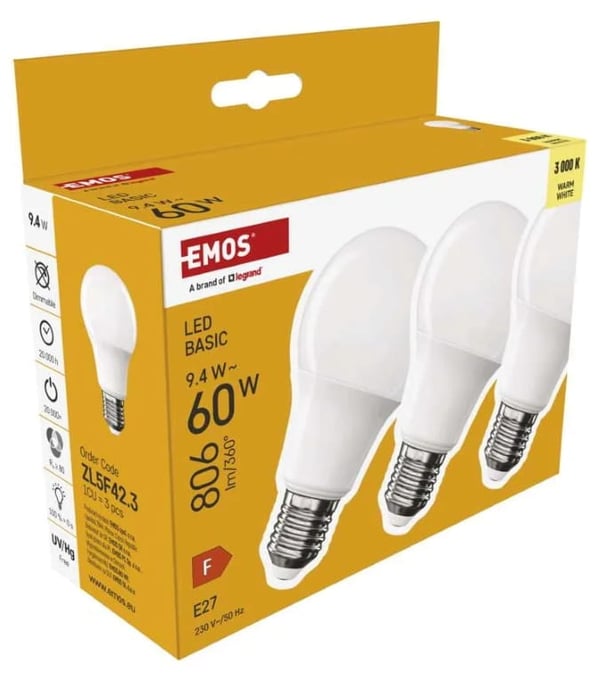 Set med 3 energisparande LED-lampor E27, varmvita, 9,4 W, 806 lm