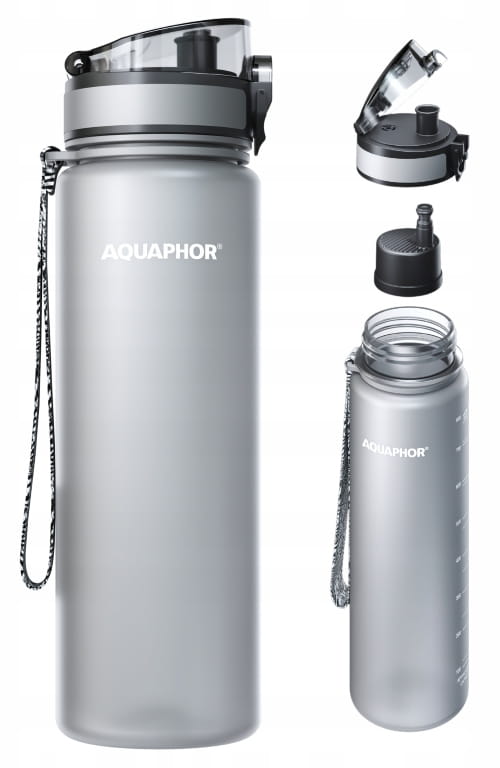 Filterflaska AQUAPHOR + 1 filterpatron för vatten 0,8 L grå