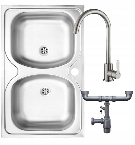 Dobbelt stålvask 80x50 med forkromet armatur og Apollo-vandlås