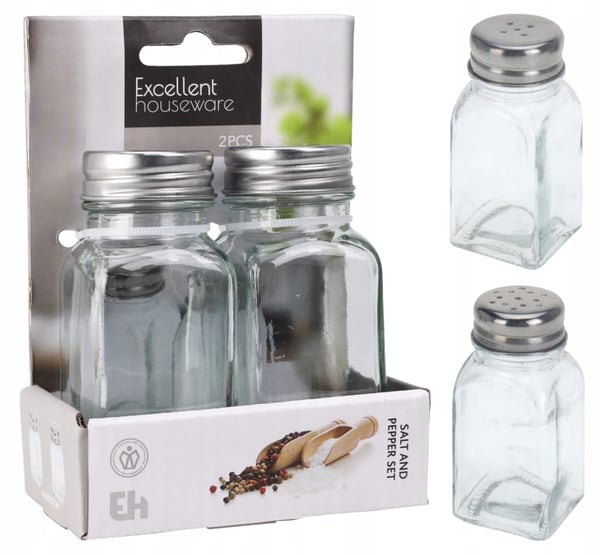 Suola- ja pippurisirottimella varustettu läpinäkyvien lasisten maustepurkkien sarja