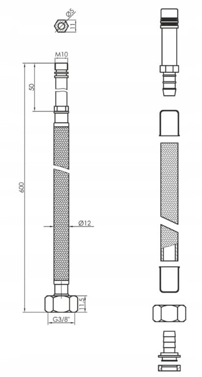 Vandhaneslange 3/8"x10mm 60cm Fleksibel Sort Holdbar Messing