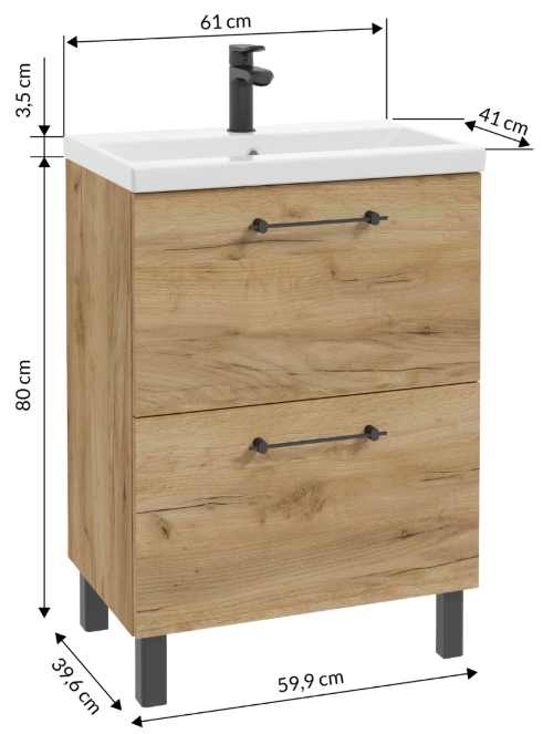 Badeværelsesskab med håndvask, vandhane og vandlås 60x80cm, stående, Oak Craft Cassandra