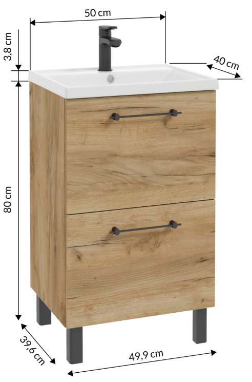 Badrumsskåp med handfat och 2 lådor 50x80cm stående ek Cassandra