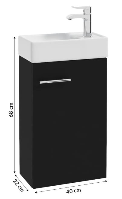 Kylpyhuonekaappi mustalla seinään ripustetulla pesualtaalla 40x60 Small, jossa pitkänomainen krominen hana