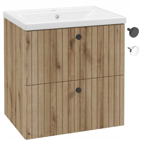 Badrumsskåp med handfat 60 cm, evoke ek, räfflad, Rietti-lameller
