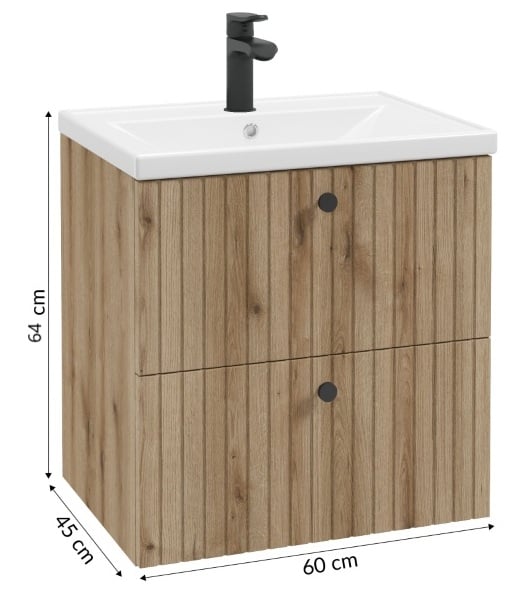 Badrumsskåp med handfat 60 cm, evoke ek, räfflad, Rietti-lameller