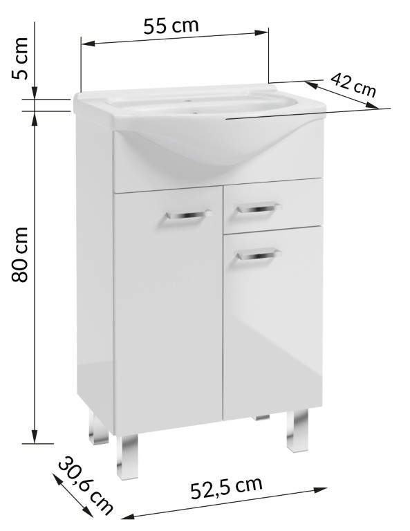Badrumsskåp med handfat på ben 85x55, stående vit Mea med avlång kromblandare