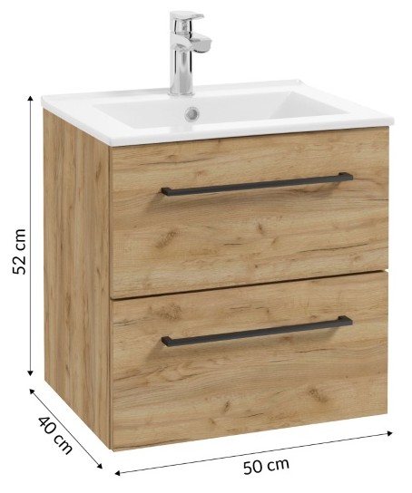 Badeværelsesskab med håndvask 50 cm, hængende, håndlavet eg, soft-close Pinia